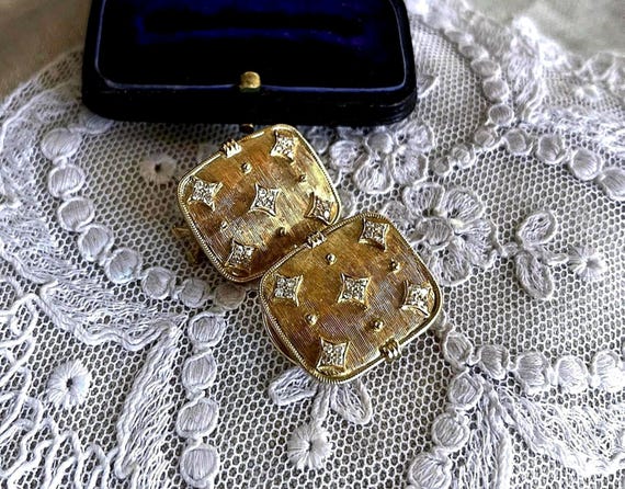 Sophisticated vintage solid 14K Yellow Gold genuine faceted Diamond accented hallmarked pierced Dangle Earrings