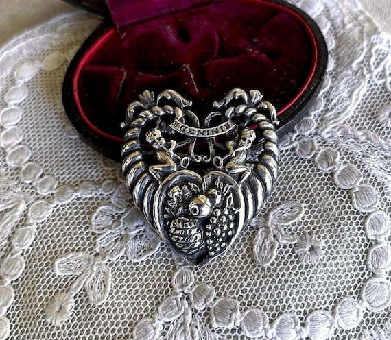 Collectible vintage 1940s Guglielmo Cini Italy Sterling Silver ornate Gemini Zodiac Motif Renaissance Revival stamped Heart Designer Brooch