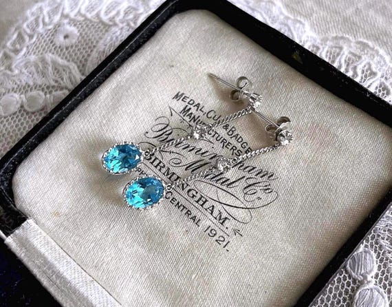 Fine vintage 14K White Gold genuine faceted Blue Topaz and Diamond accented delicate hallmarked pierced Drop Earrings