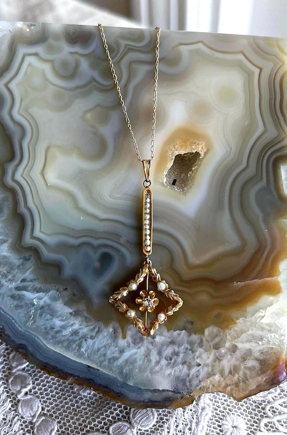 Dainty antique Victorian Aesthetic 10K Gold Filigree genuine Seed Pearl faceted Paste Stone accented Romantic stamped Lavaliere Necklace