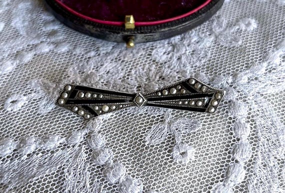 Antique Late Victorian Sterling Silver genuine Seed Pearl Black Enamel accented hallmarked Mourning Bow Brooch