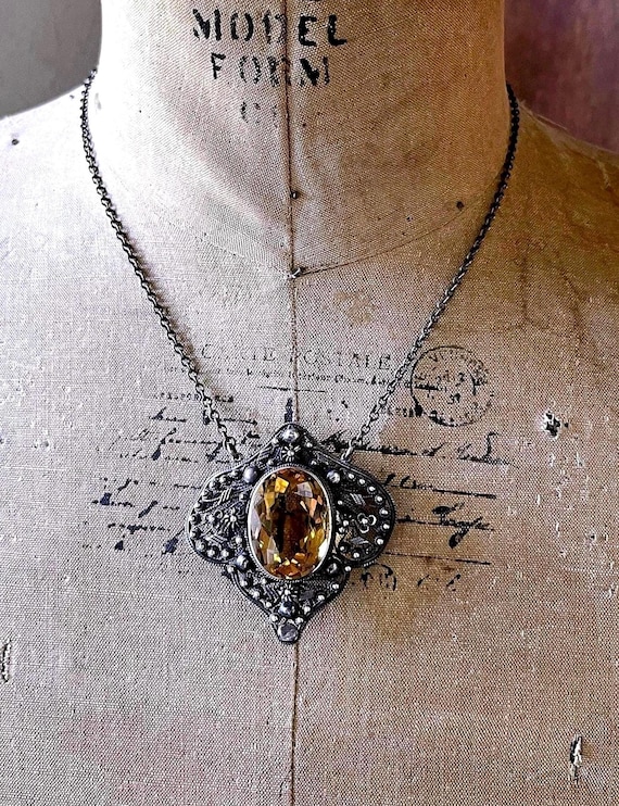 Antique Bohemian Revival Citrine Quartz Sterling Silver Necklace