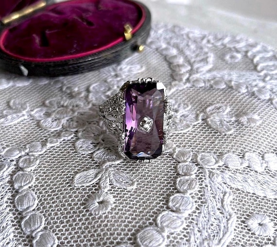 Edwardian Revival vintage Sterling Silver filigree genuine Amethyst gemstone size 6 Cocktail Ring