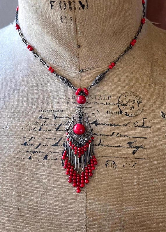 Antique French Sterling Silver Coral Czech Glass Necklace: Bohemian Revival