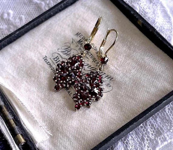 Luminous Mid Century Gold Rolled Rose Cut Bohemian Garnet accented pierced Drop Earrings