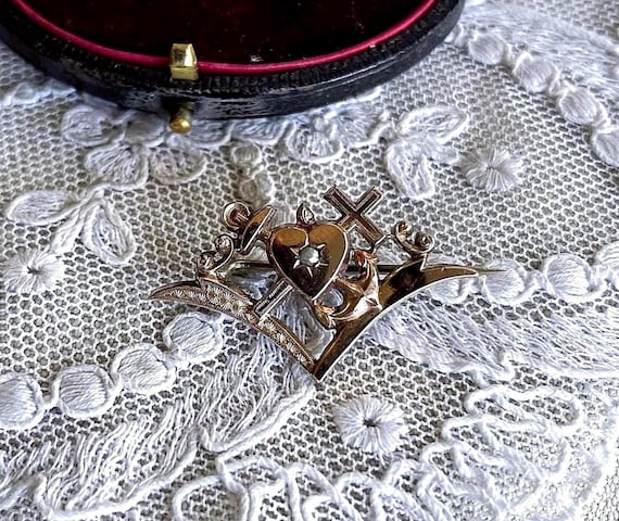 Victorian Seed Pearl Brooch: Antique Gold Filled Faith, Love, Hope Pin