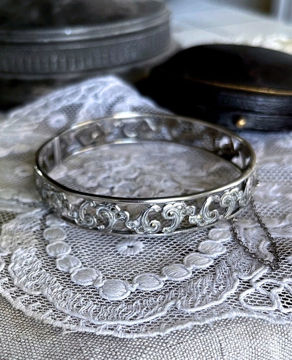 Vintage Bohemian Jugendstil Old European Silver 835 ornate Scroll work faceted Marcasite accented divine stamped Bangle Bracelet