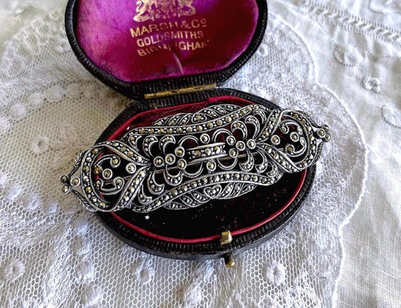 Bold vintage designer Judith Jack Art Deco Sterling Silver Marcasite accented hallmarked Statement Brooch
