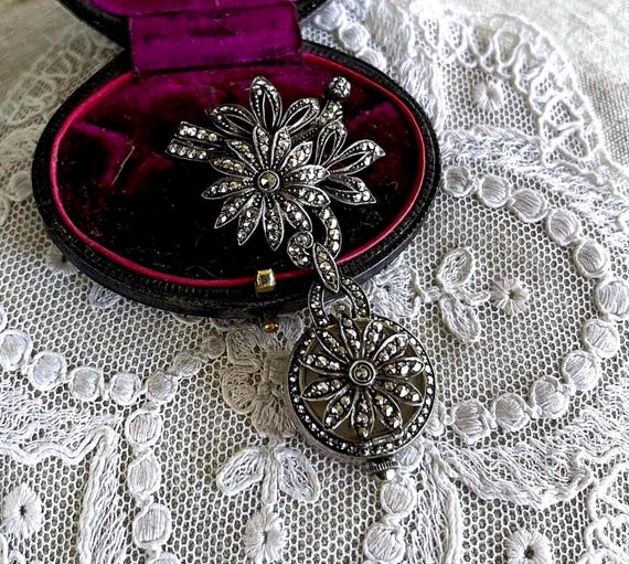 Fine vintage Mid Century Carl Bucherer 800 Silver Swiss made A.S. 970 manual wind faceted Marcasite accented hallmarked Lapel Brooch