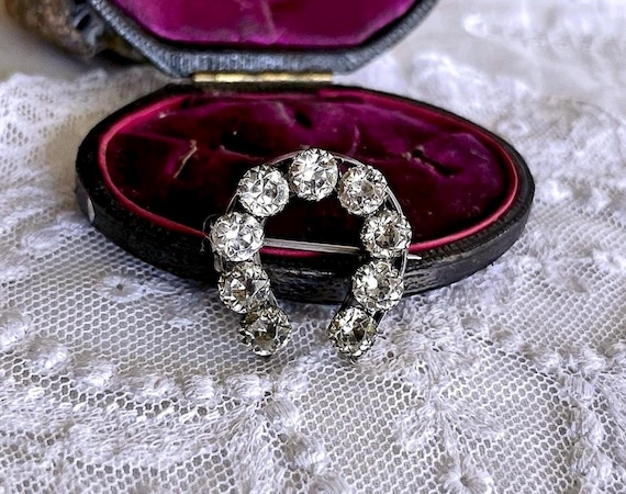 Antique Victorian Silver brilliant faceted Paste stone accented hallmarked Horse Shoe Brooch