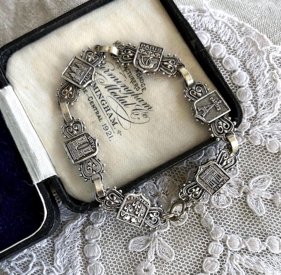 1930s Filigrane Depose PARIS France Silver Rhodium Plated Souvenir Depose decorative hallmarked Panel link Bracelet