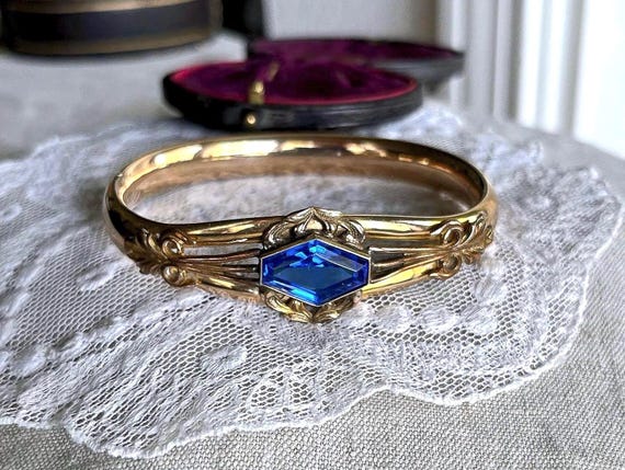 Antique Victorian Gold Filled Bangle Bracelet: Sapphire Blue Paste Stone hallmarked Bangle Bracelet