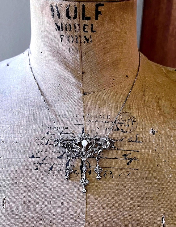 Vintage Sterling Silver Pearl Marcasite Pendant Necklace/Brooch – Victorian Revival Style