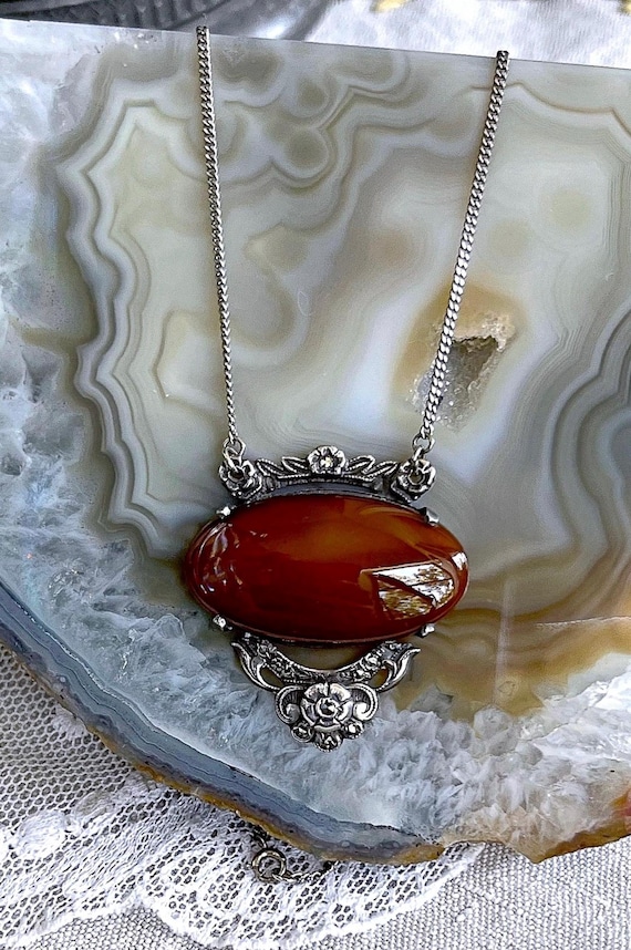 Rare antique Arts and Crafts Bohemian Revival Sterling Silver floral motif genuine natural Brown Biggs Jasper stone stamped Necklace