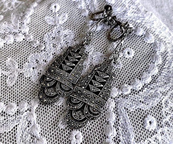 Edwardian Sterling Silver faceted Marcasite accented hallmarked antique Screw Back Drop Earrings