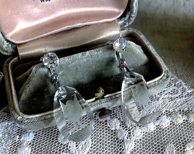 Rare antique Art Deco Japanese Sterling Silver brilliant faceted Quartz Rock Crystal accented stamped Warrior Motif screw back Drop Earrings