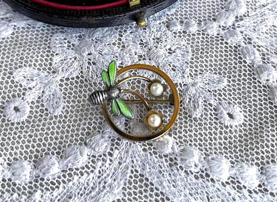 Adorable Wells Art Nouveau Revival 14K Gold Filled genuine Cultured Pearl bright Enamel Work lovely Dragonfly Motif hallmarked Scatter Pin