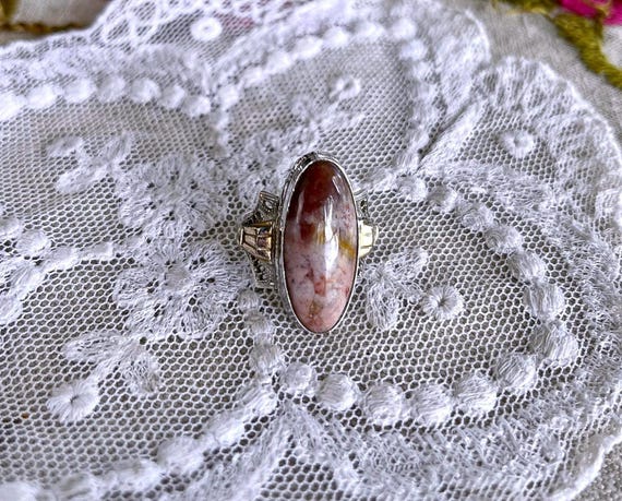 1930s Art Deco Clark and Combs C&C Sterling Silver filigree genuine Agate Gold filled accents size 7 Cocktail Ring