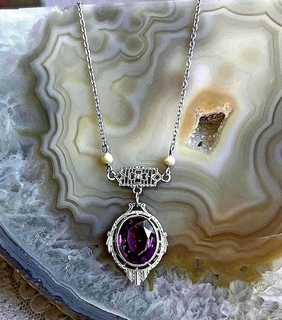 Edwardian 10K White Gold Amethyst Lavaliere Necklace: Antique Filigree Pendant