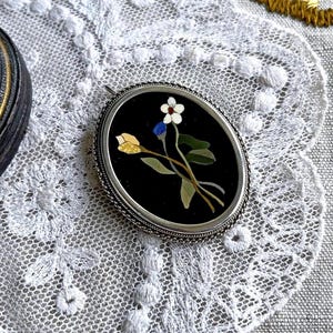 Sublime vintage Pietra Dura Florentine 800 Silver Floral Motif Mosaic beautiful pristine hallmarked Victorian Revival Brooch Pendant Italy