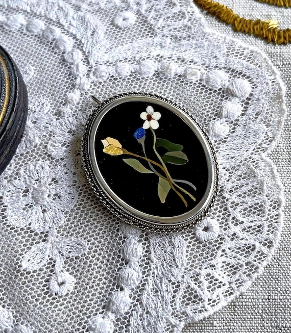 Sublime vintage Pietra Dura Florentine 800 Silver Floral Motif Mosaic beautiful pristine hallmarked Victorian Revival Brooch Pendant Italy