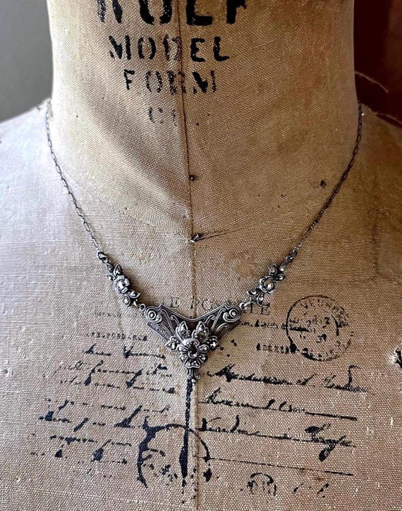 Vintage German Art Deco Sterling Silver faceted Marcasite accented fine hallmarked Collier Necklace