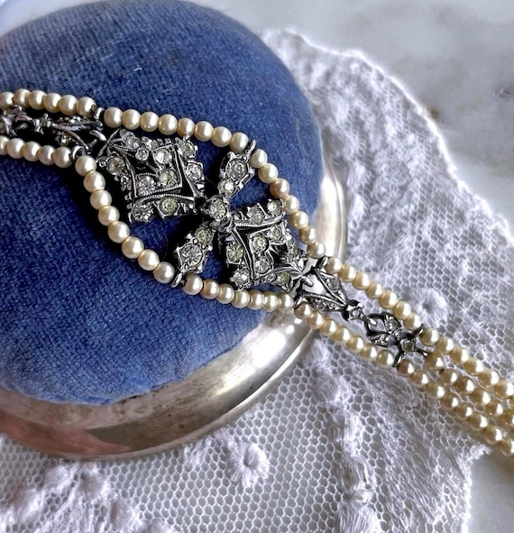 Fine antique 1900s Edwardian Sterling Silver Majorica Pearl Bracelet Paste Stone hallmarked Bracelet