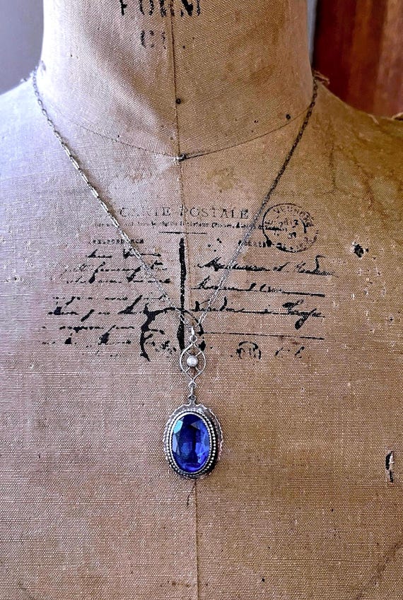 Fine antique Edwardian Sterling Pendant Necklace, Blue Paste Stone & Seed Pearl