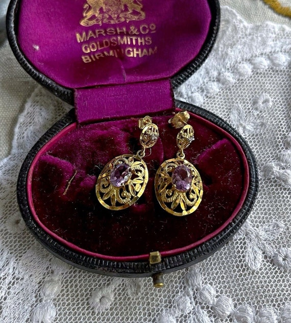Wonderful vintage 10K Gold filigree faceted Diamond and Amethyst  accented beautiful hallmarked pierced Dangle Earrings