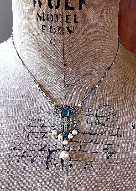 Antique Edwardian delicate Sterling Silver Blue Paste Stone Majorica Pearl accented Negligee Necklace