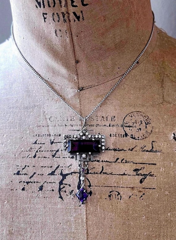 Art Deco Sterling Silver Amethyst Pendant Necklace: H&H Antique Paste Stone