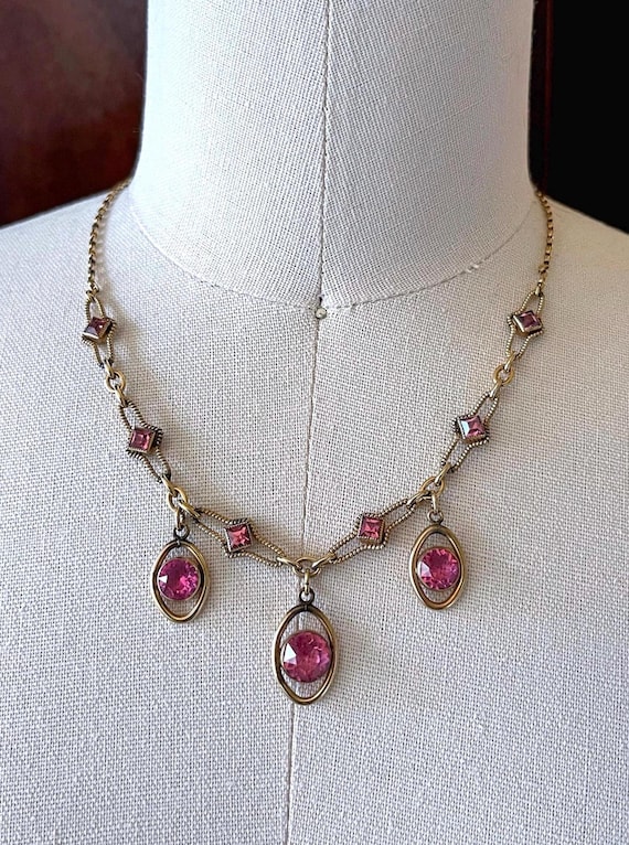 Stately antique Victorian Aesthetic 14k Gold filled brilliant faceted bezel set Pink Paste Stone accented gorgeous stamped Bib Necklace