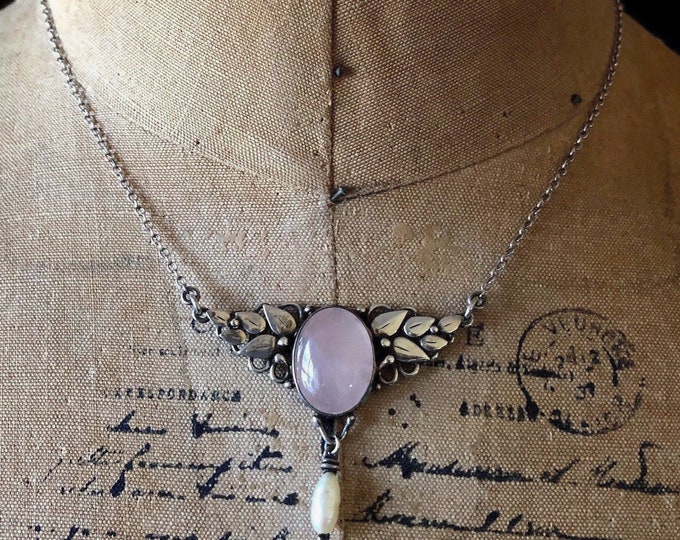 Romantic vintage Art Nouveau Revival Sterling Silver 925 genuine Rose Quartz and Freshwater Pearl accented stamped Pendant Necklace