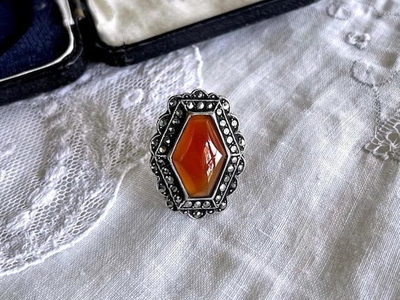 Art Deco Carnelian Ring: Sterling Silver Marcasite Statement Ring, Size 6