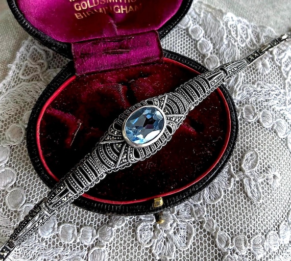 Vintage Art Deco Sterling Silver Blue Topaz Marcasite Bracelet