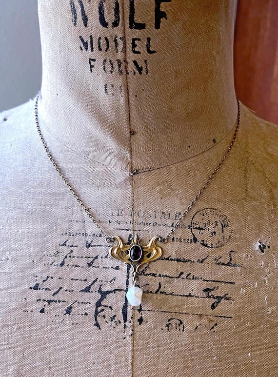 Foster & Bailey antique Art Nouveau gold Pinchback Amethyst Purple Paste stone freshwater Pearl Necklace