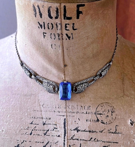 Antique Art Deco 935 Silver Choker: Blue Paste Stone, Marcasite Accent