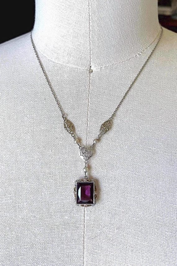 Delicate antique Edwardian Sterling Gold Rolled Rhodium Plated filigree brilliant Amethyst Paste Stone accented exquisite Lavaliere Necklace