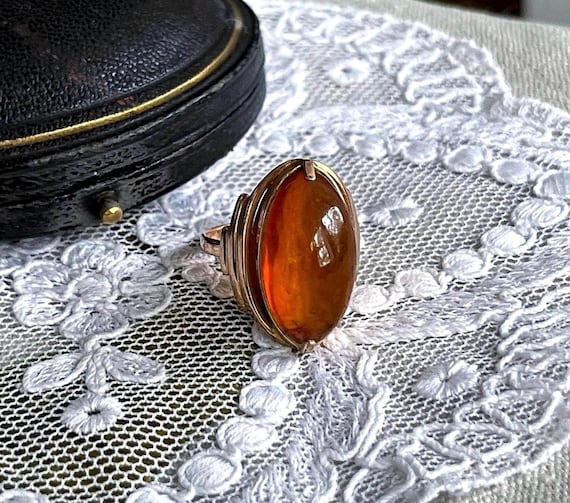 Vintage 14K Rose Gold Amber Cabochon Cocktail Ring - Size 6.75