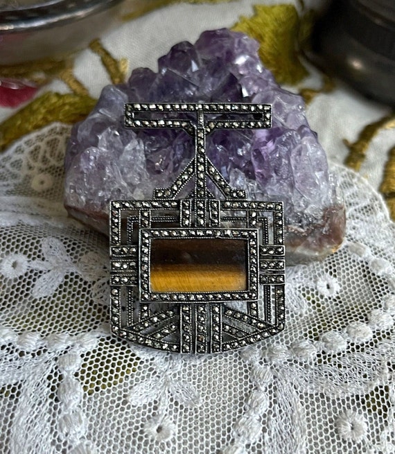 Unique vintage Art Deco Sterling Silver luminous genuine Tigers Eye brilliant faceted Marcasite crystal accented stamped Statement Brooch