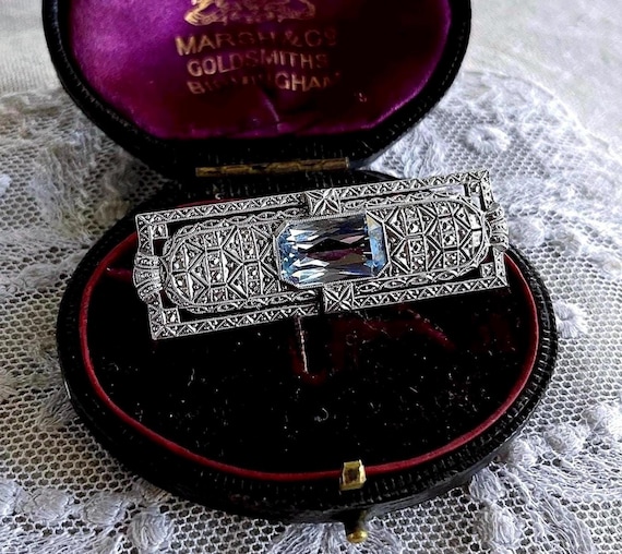 Vintage Art Deco Germany 835 Silver Aquamarine blue Spinel exquisite hallmarked filigree Statement Brooch