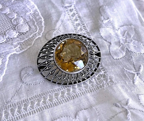 Antique Art Deco Sterling Silver Citrine Marcasite Statement Brooch