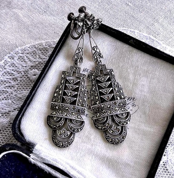 Edwardian Sterling Silver faceted Marcasite accented hallmarked antique Screw Back Drop Earrings