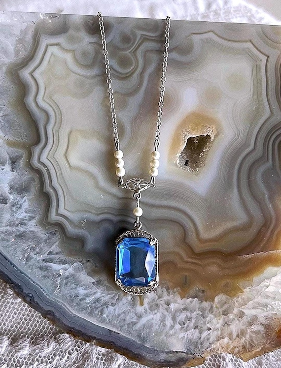 Fine antique Edwardian Sterling Silver Rhodium Plated Filigree Necklace, Blue Paste Stone & Seed Pearl