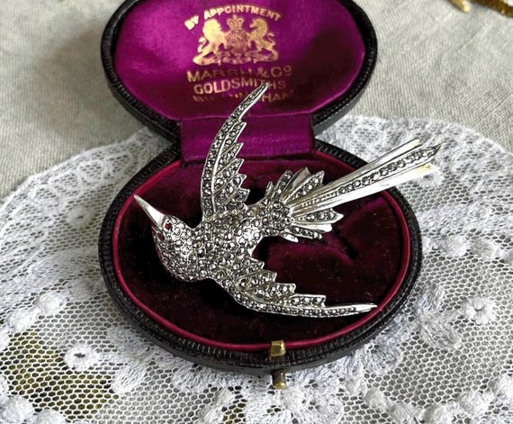Vintage Mid Century ethereal solid Sterling Silver brilliant Ruby Red Paste Stone and Marcasite accented beautiful hallmarked Bird Brooch