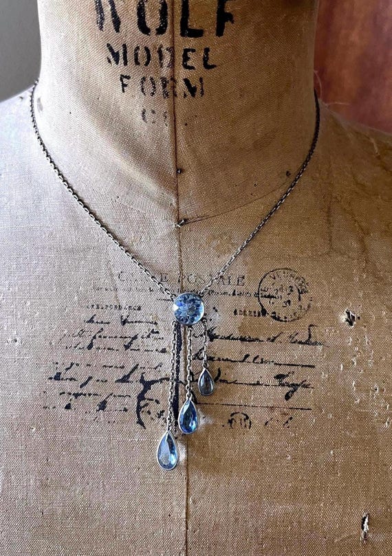 Art Deco Sterling Silver Negligee Necklace: Blue Paste Stone Pendant