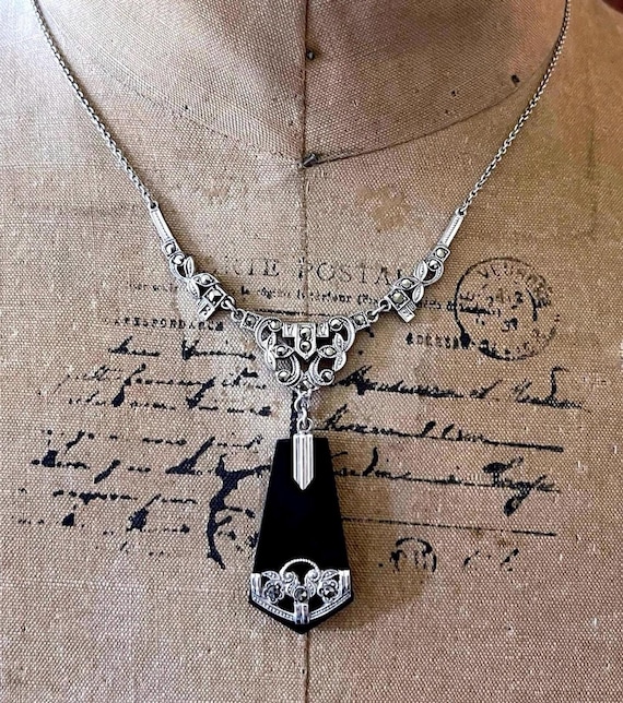 Rare vintage German 1930s Art Deco 835 Silver Genuine Ebony Black Wood faceted Marcasite accented hallmarked Chrome plated Necklace