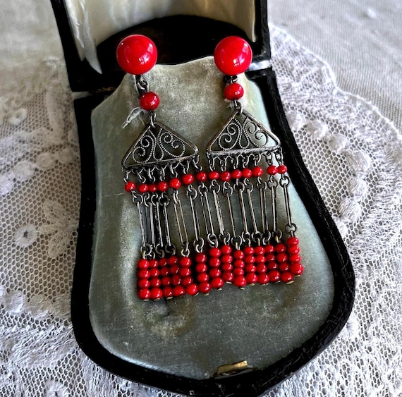 Antique French Sterling Silver Coral Czech Glass gorgeous hallmarked Screwback Drop Earrings
