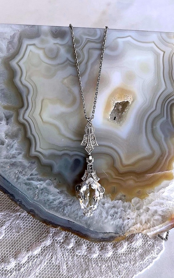 1930s Art Deco Sterling Silver Pendant Necklace, Brilliant Marquee Paste Stone
