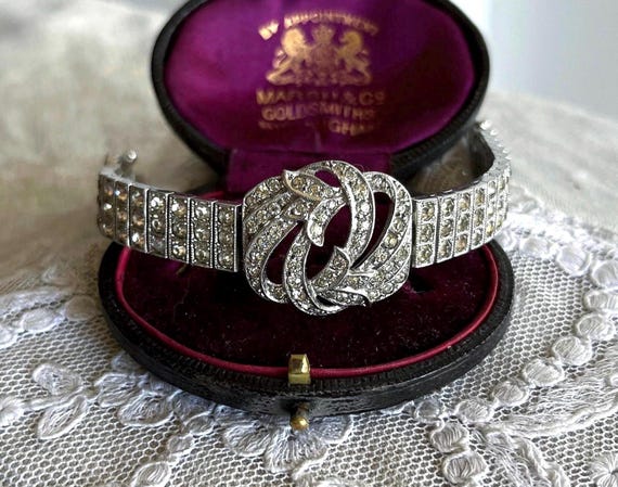 Antique Otis Art Deco 30s Sterling Silver brilliant sparkling faceted Paste Stone accented classic stamped Triple Row Link Bracelet